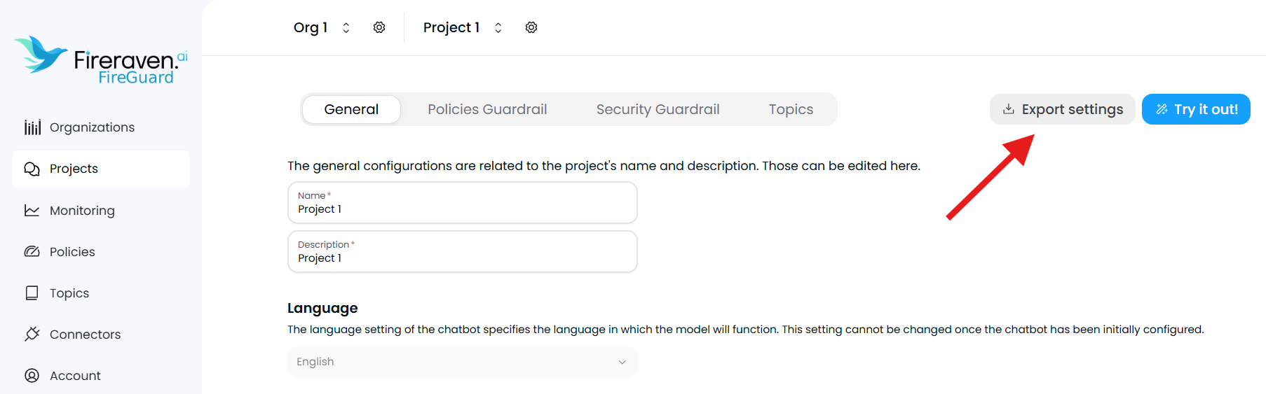 Export settings button on the project settings page