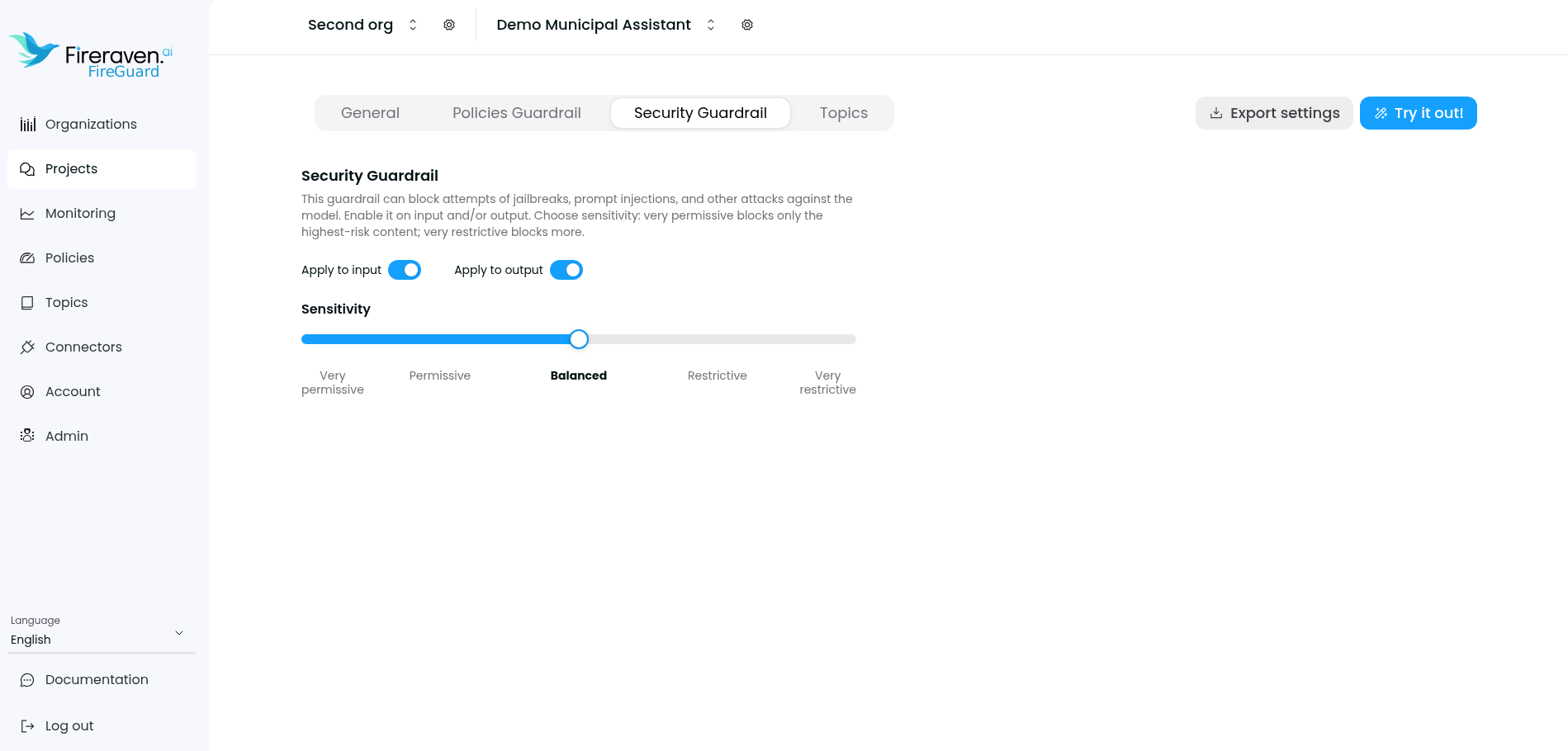Project Settings Security Guardrail tab with apply to input and output toggles and sensitivity