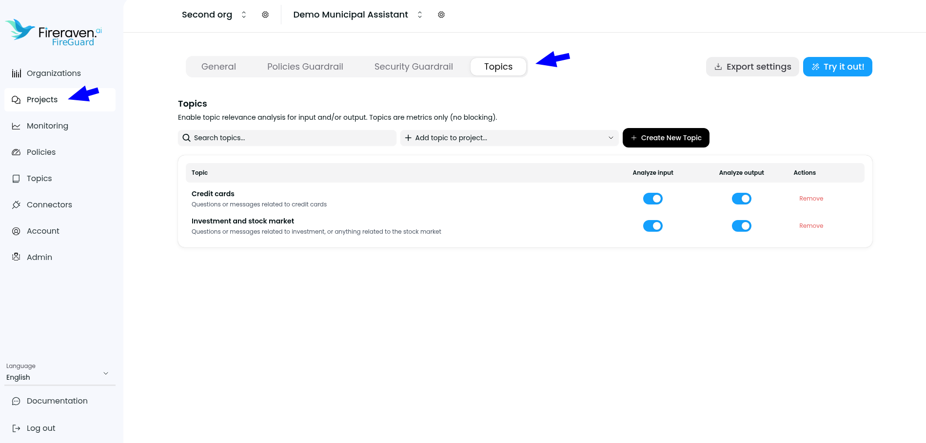 Project Settings Topics tab with search, add topic, and analyze input/output toggles