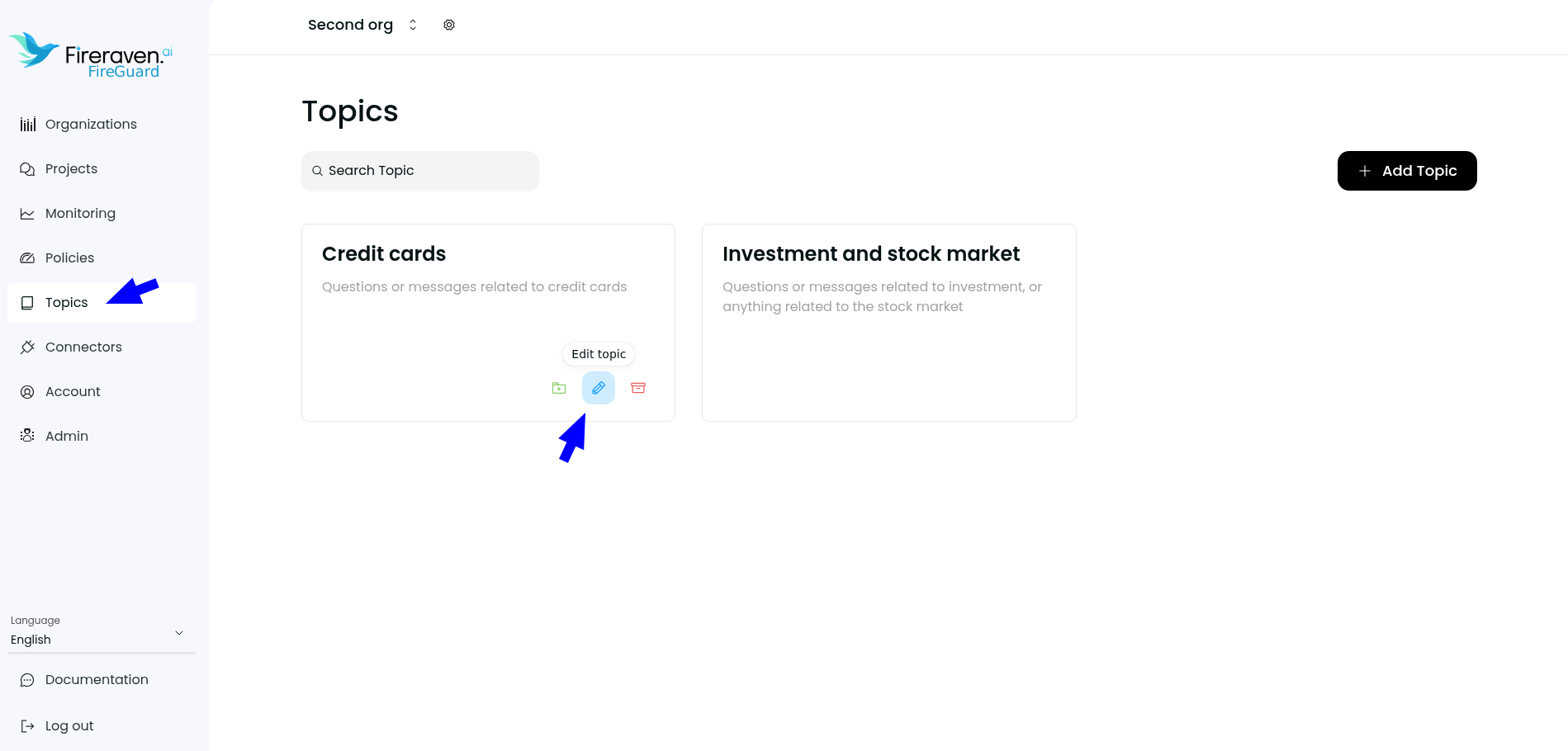 Organization Topics list with search and Add Topic
