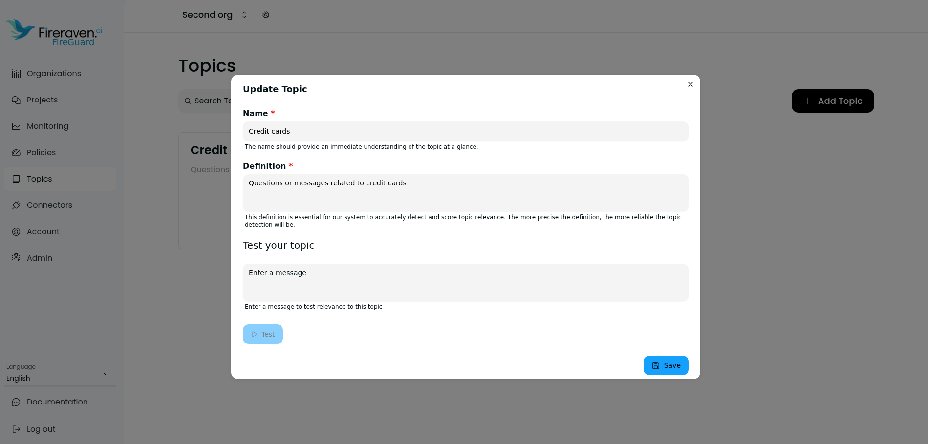 Update Topic dialog with name, definition, and test